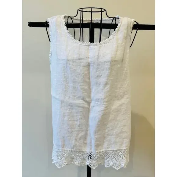 Laura Bianchi Women Sm White Linen Tank Top Lace Trim Sleeveless Italian Blouse - Picture 1 of 5